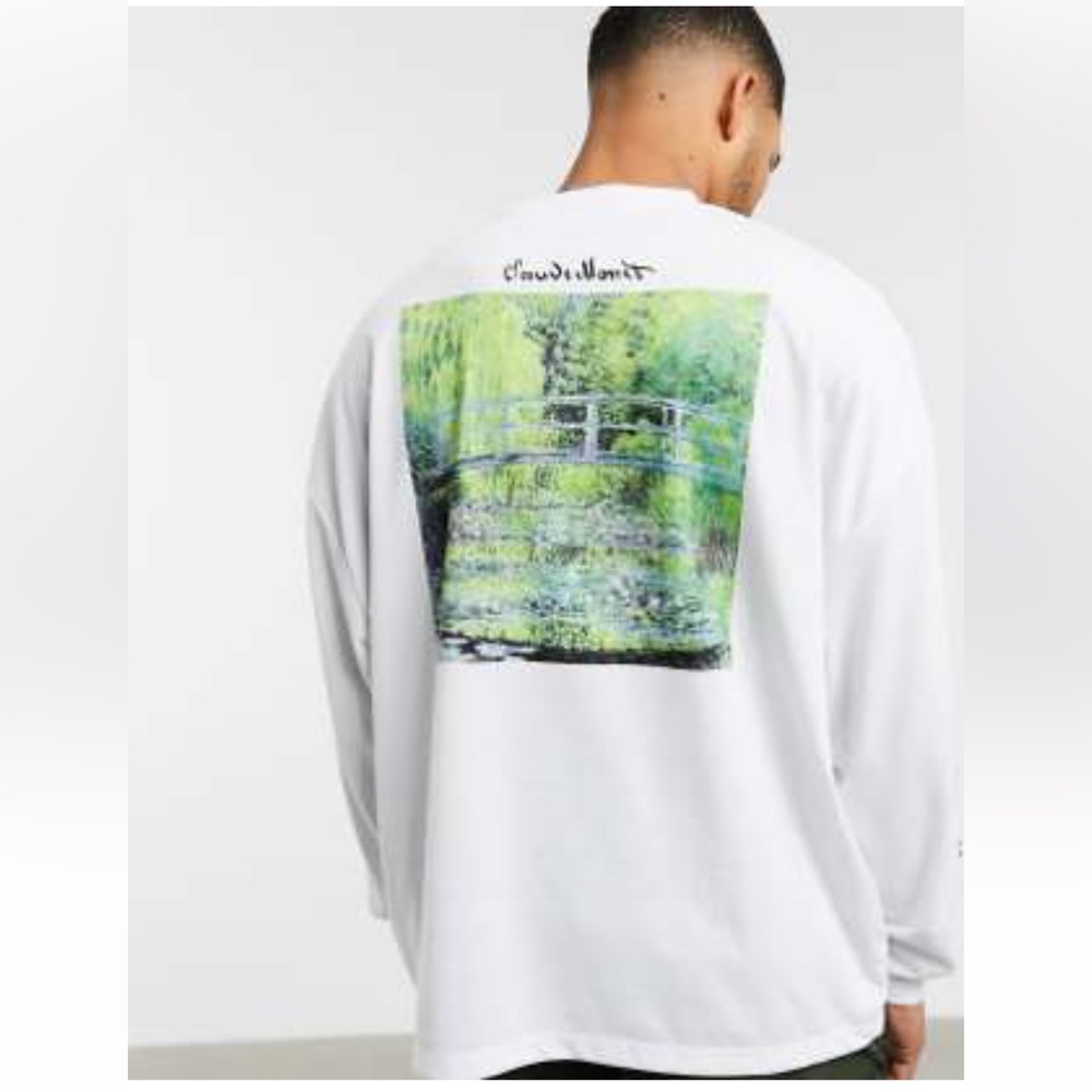 NEW- MONET ART PRINT on WHITE LONG SLEEVE T-SHIRT MEN'S SIZE: CHEST 40